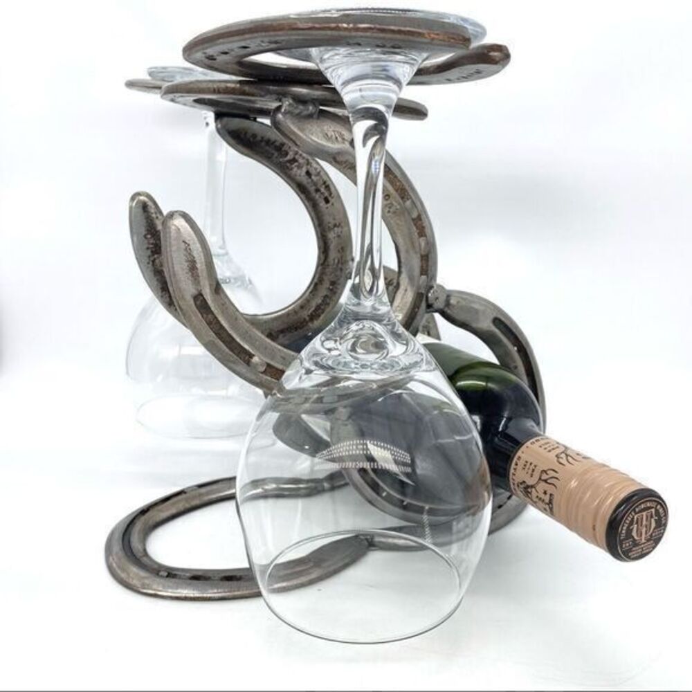 Rustic Horseshoe Wine Glass & Bottle Holder